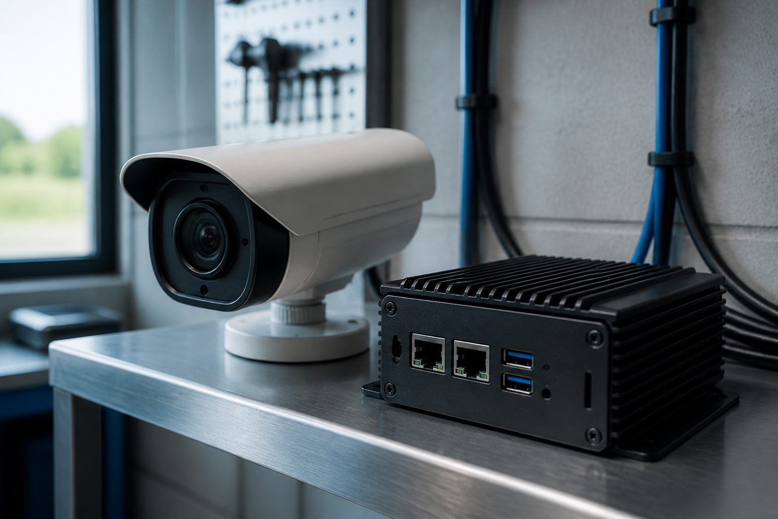 IP camera and compact site computer on a workshop shelf